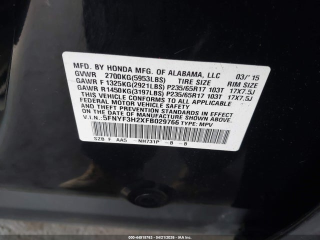 Aukcja sprzedaży 2015 Honda Pilot Lx, vin: 5FNYF3H2XFB029766, numer aukcji: 44918763