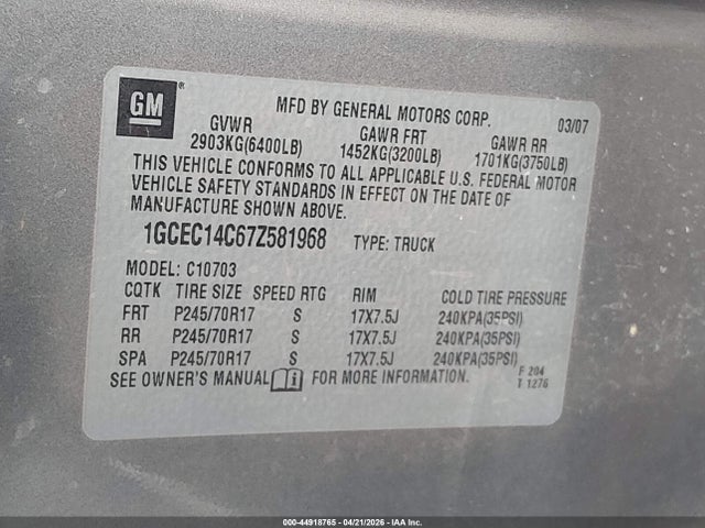 Продаж на аукціоні авто 2007 Chevrolet Silverado 1500 Work Truck, vin: 1GCEC14C67Z581968, номер лоту: 44918765
