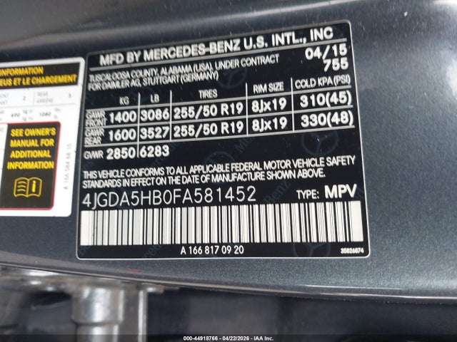 44918766 :رقم المزاد ، 4JGDA5HB0FA581452 vin ، 2015 Mercedes-benz Ml 350 4matic مزاد بيع
