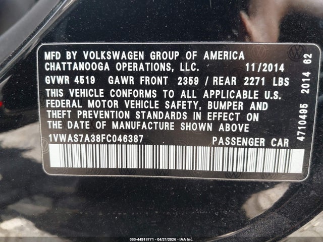 2015 Volkswagen Passat 1.8t S მანქანა იყიდება აუქციონზე, vin: 1VWAS7A38FC046387, აუქციონის ნომერი: 44918771