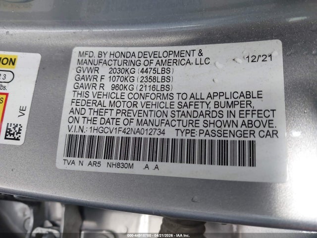 44918780 :رقم المزاد ، 1HGCV1F42NA012734 vin ، 2022 Honda Accord Sport Special Edition مزاد بيع