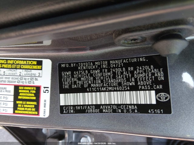 44918788 :رقم المزاد ، 4T1C11AK2MU460254 vin ، 2021 Toyota Camry Le مزاد بيع