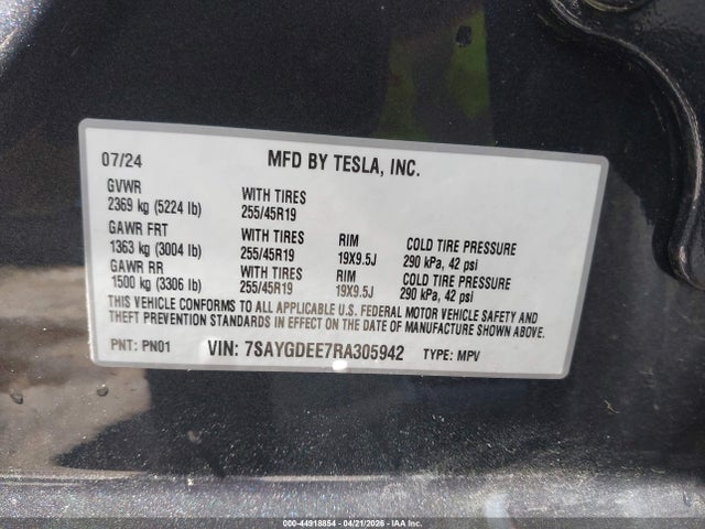 Продажа на аукционе авто 2024 Tesla Model Y Long Range Dual Motor All-wheel Drive, vin: 7SAYGDEE7RA305942, номер лота: 44918854