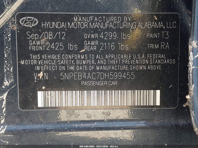2013 Hyundai Sonata Gls მანქანა იყიდება აუქციონზე, vin: 5NPEB4AC7DH599455, აუქციონის ნომერი: 44918860