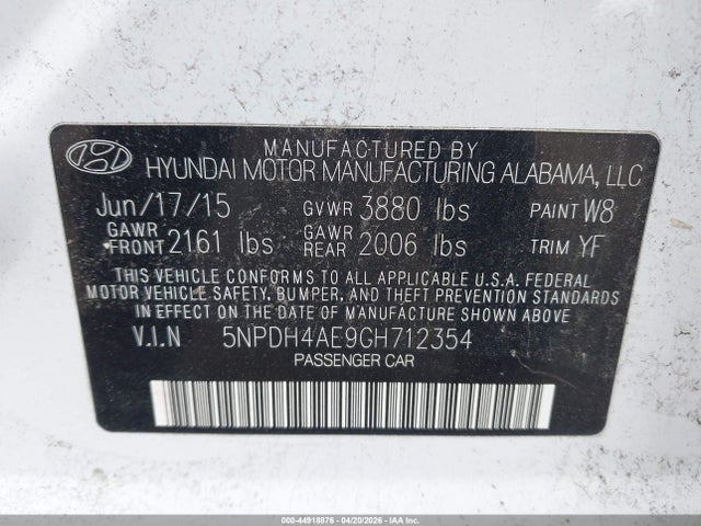 44918876 :رقم المزاد ، 5NPDH4AE9GH712354 vin ، 2016 Hyundai Elantra Se مزاد بيع