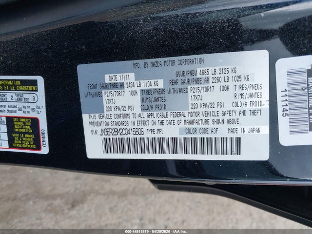 44918879 :رقم المزاد ، JM3ER2BM2C0415808 vin ، 2012 Mazda Cx-7 I Sport مزاد بيع