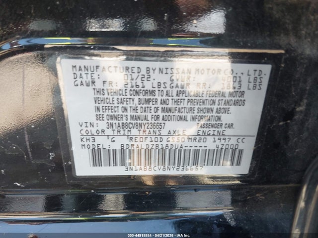 2022 Nissan Sentra Sv Xtronic Cvt მანქანა იყიდება აუქციონზე, vin: 3N1AB8CV8NY236657, აუქციონის ნომერი: 44918884