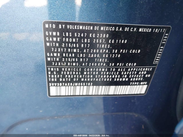Продаж на аукціоні авто 2018 Volkswagen Tiguan 2.0t Se/2.0t Sel, vin: 3VV3B7AX8JM055162, номер лоту: 44918886
