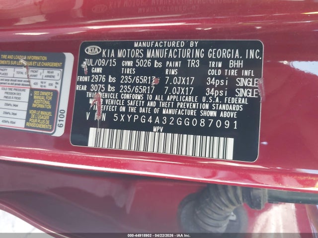 5XYPG4A32GG087091 KIA Sorento 2.4l Lx