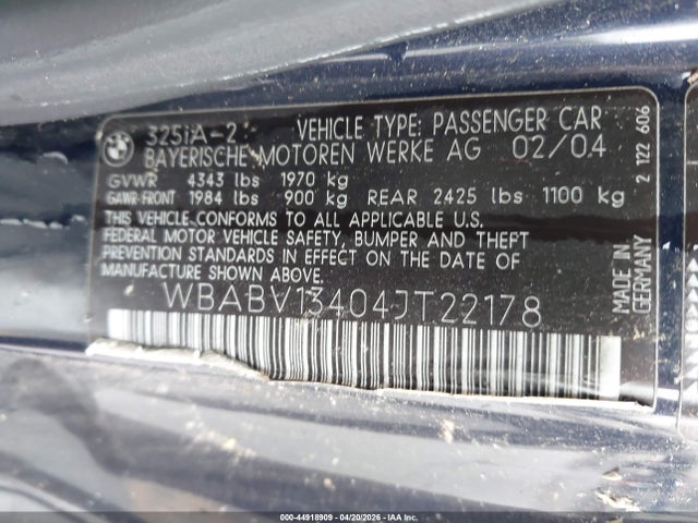 44918909 :رقم المزاد ، WBABV13404JT22178 vin ، 2004 Bmw 325ci مزاد بيع