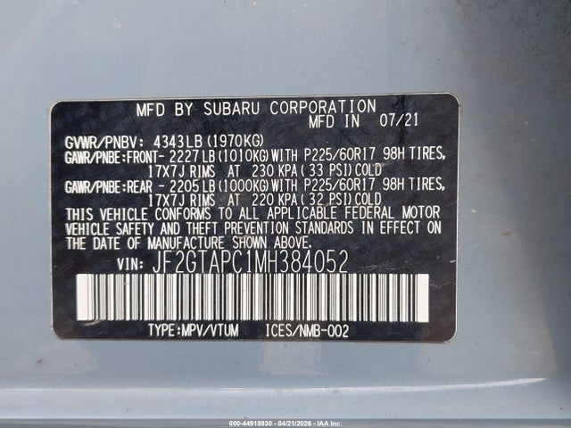 44918930 :رقم المزاد ، JF2GTAPC1MH384052 vin ، 2021 Subaru Crosstrek Premium مزاد بيع