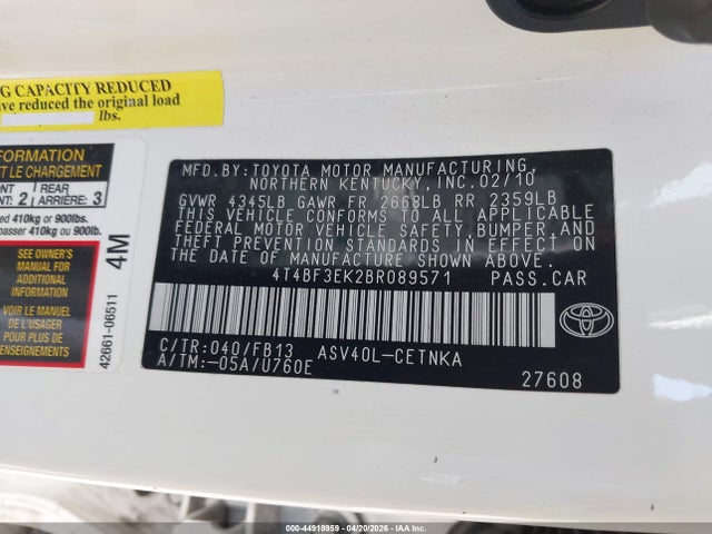 2011 Toyota Camry Le მანქანა იყიდება აუქციონზე, vin: 4T4BF3EK2BR089571, აუქციონის ნომერი: 44918959