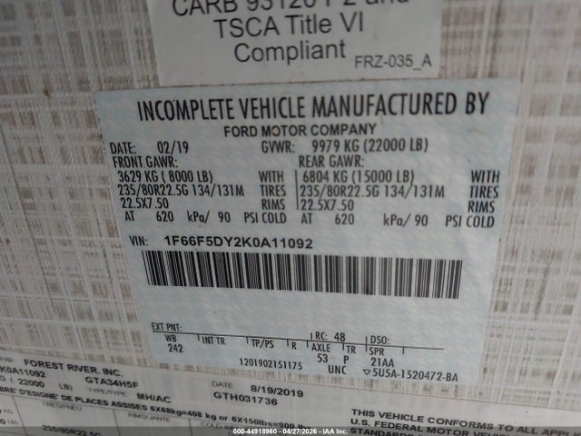 Продаж на аукціоні авто 2019 Ford F53, vin: 1F66F5DY2K0A11092, номер лоту: 44918960