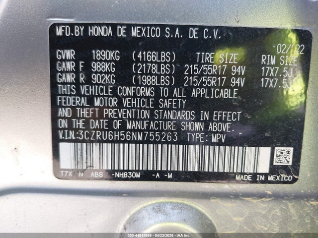 44918969 :رقم المزاد ، 3CZRU6H56NM755263 vin ، 2022 Honda Hr-v Awd Ex مزاد بيع