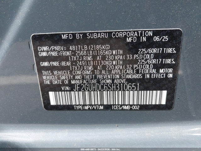 Aukcja sprzedaży 2025 Subaru Crosstrek Premium, vin: JF2GUHDC6SH310651, numer aukcji: 44918973