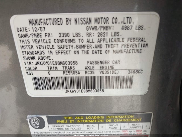 Aukcja sprzedaży 2008 Infiniti M35, vin: JNKAY01E98M603958, numer aukcji: 44918974