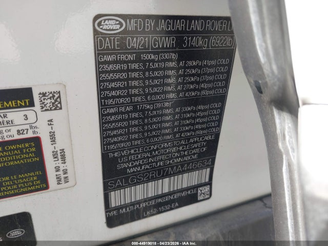 Продаж на аукціоні авто 2021 Land Rover Range Rover Westminster, vin: SALGS2RU7MA446634, номер лоту: 44919018