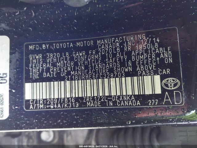 44919029 :رقم المزاد ، 2T1BURHE6FC328703 vin ، 2015 Toyota Corolla Le مزاد بيع