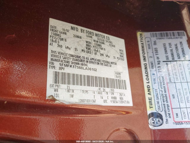 44919068 :رقم المزاد ، 1FMFK17588LA36102 vin ، 2008 Ford Expedition El Eddie Bauer/king Ranch مزاد بيع