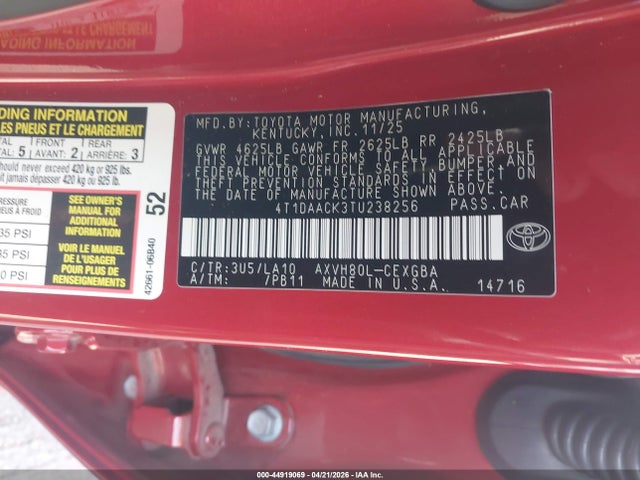 2026 Toyota Camry Xle მანქანა იყიდება აუქციონზე, vin: 4T1DAACK3TU238256, აუქციონის ნომერი: 44919069