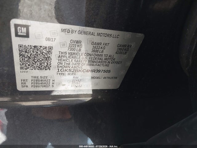 Aukcja sprzedaży 2017 Gmc Yukon Slt, vin: 1GKS2BKC4HR397505, numer aukcji: 44919080
