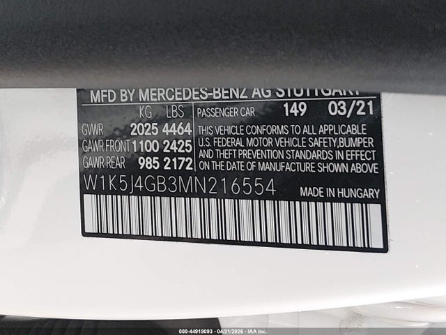 Aukcja sprzedaży 2021 Mercedes-benz Cla 250, vin: W1K5J4GB3MN216554, numer aukcji: 44919093
