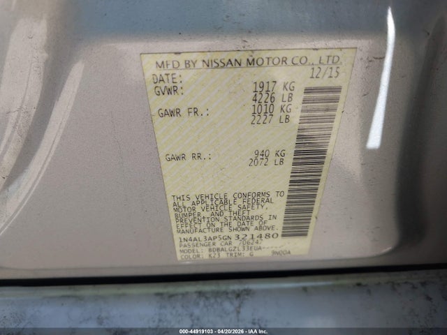 Aukcja sprzedaży 2016 Nissan Altima 2.5/2.5 S/2.5 Sl/2.5 Sr/2.5 Sv, vin: 1N4AL3AP5GN321480, numer aukcji: 44919103