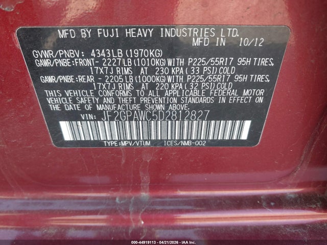 44919113 :رقم المزاد ، JF2GPAWC5D2812827 vin ، 2013 Subaru Xv Crosstrek 2.0i Premium مزاد بيع
