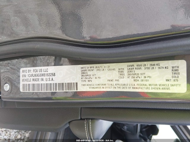 Продаж на аукціоні авто 2021 Jeep Grand Cherokee L Altitude 4x4, vin: 1C4RJKAG6M8163268, номер лоту: 44919146