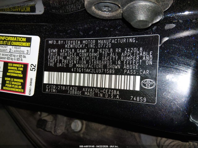 Toyota CAMRY SE 2020 4T1G11AK2LU971589 Image 9