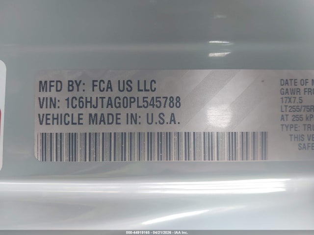 44919165 :رقم المزاد ، 1C6HJTAG0PL545788 vin ، 2023 Jeep Gladiator Willys 4x4 مزاد بيع