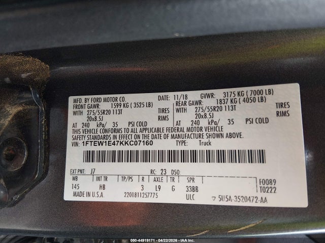 44919171 :رقم المزاد ، 1FTEW1E47KKC07160 vin ، 2019 Ford F-150 Lariat مزاد بيع