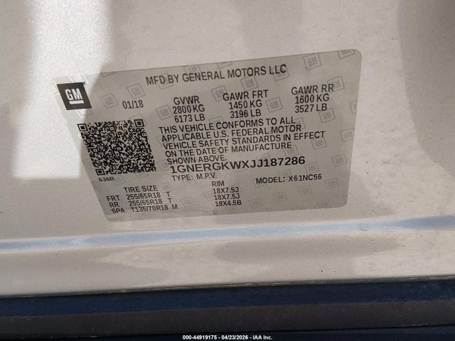 2018 Chevrolet Traverse 1lt მანქანა იყიდება აუქციონზე, vin: 1GNERGKWXJJ187286, აუქციონის ნომერი: 44919175