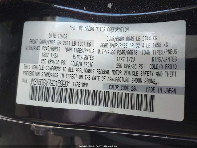 Продаж на аукціоні авто 2009 Mazda Cx-9 Touring, vin: JM3TB38V790169901, номер лоту: 44919190