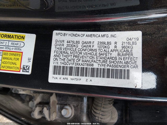 Aukcja sprzedaży 2019 Honda Accord Sport, vin: 1HGCV1F3XKA078998, numer aukcji: 44919195
