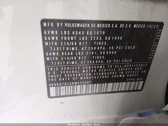 44919217 :رقم المزاد ، 3VV5X7B2XRM025007 vin ، 2024 Volkswagen Taos 1.5t S مزاد بيع