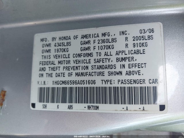 2006 Honda Accord 3.0 Ex მანქანა იყიდება აუქციონზე, vin: 1HGCM66596A051606, აუქციონის ნომერი: 44919222