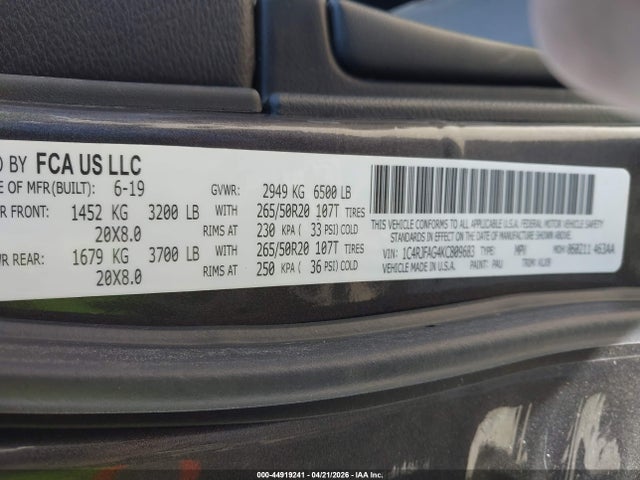 2019 Jeep Grand Cherokee Altitude 4x4 მანქანა იყიდება აუქციონზე, vin: 1C4RJFAG4KC809683, აუქციონის ნომერი: 44919241