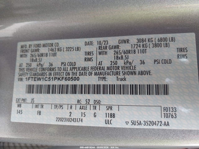 Продажа на аукционе авто 2023 Ford F-150 Xlt, vin: 1FTEW1C51PKF60500, номер лота: 44919244