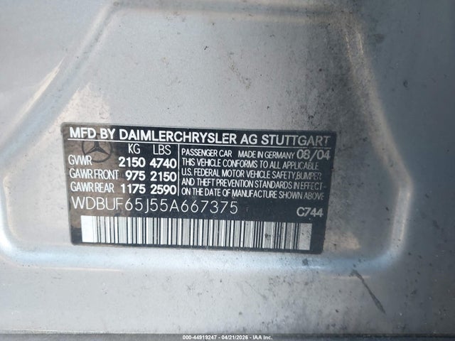 Продажа на аукционе авто 2005 Mercedes-benz E 320, vin: WDBUF65J55A667375, номер лота: 44919247