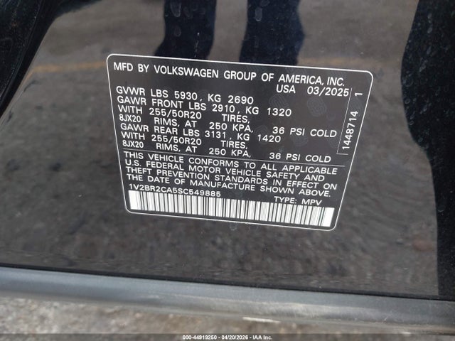 Aukcja sprzedaży 2025 Volkswagen Atlas 2.0t Sel, vin: 1V2BR2CA5SC549885, numer aukcji: 44919250