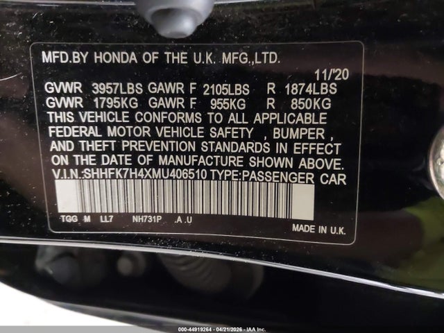 44919264 :رقم المزاد ، SHHFK7H4XMU406510 vin ، 2021 Honda Civic Sport مزاد بيع
