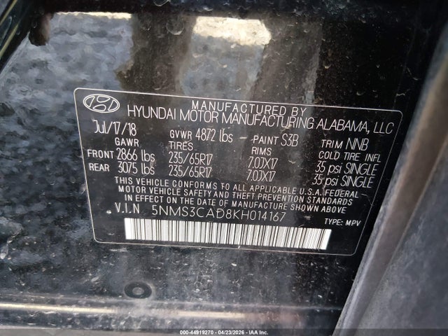 Продаж на аукціоні авто 2019 Hyundai Santa Fe Sel, vin: 5NMS3CAD8KH014167, номер лоту: 44919270