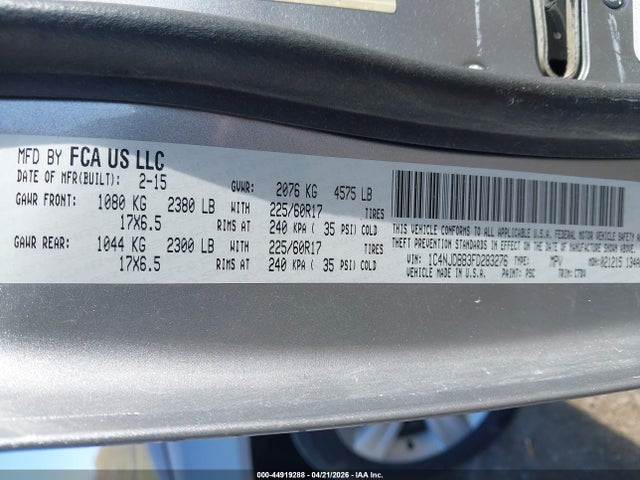2015 Jeep Compass Sport მანქანა იყიდება აუქციონზე, vin: 1C4NJDBB3FD283276, აუქციონის ნომერი: 44919288