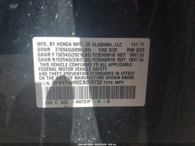 Продажа на аукционе авто 2012 Honda Pilot Touring, vin: 5FNYF4H90CB019732, номер лота: 44919289