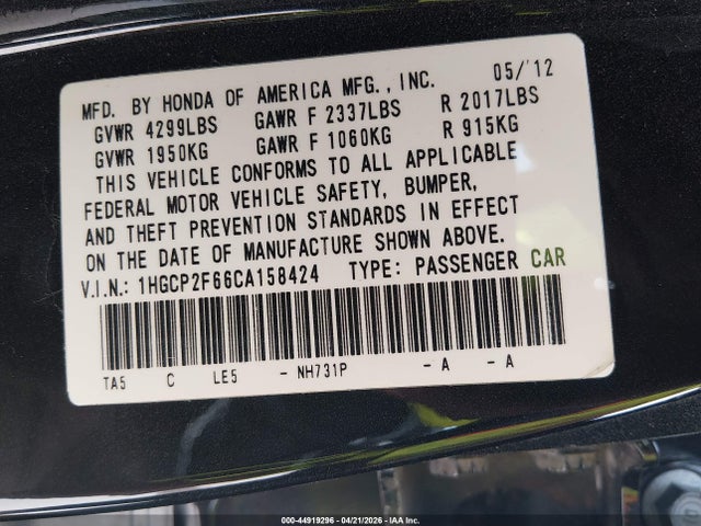 Aukcja sprzedaży 2012 Honda Accord 2.4 Se, vin: 1HGCP2F66CA158424, numer aukcji: 44919296