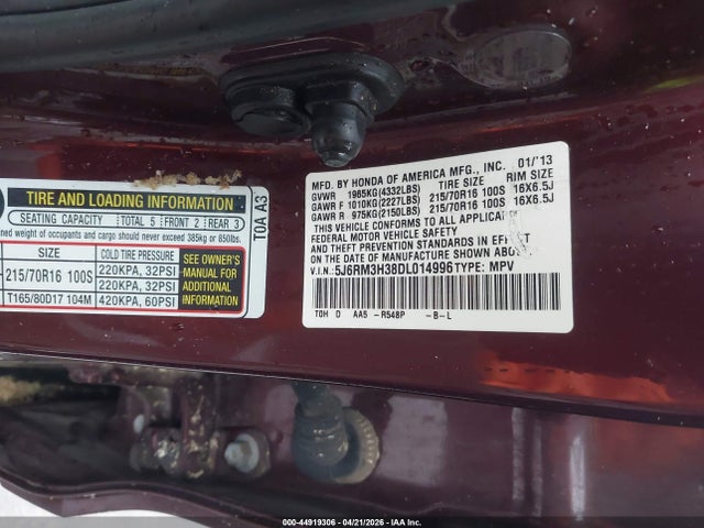 44919306 :رقم المزاد ، 5J6RM3H38DL014996 vin ، 2013 Honda Cr-v Lx مزاد بيع