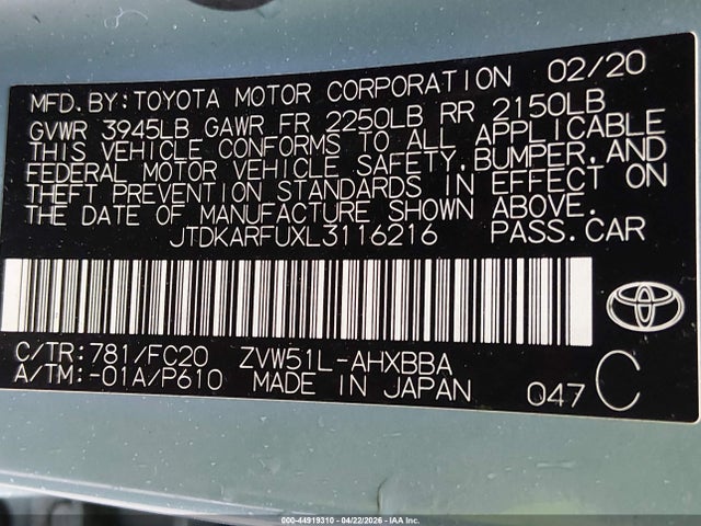 JTDKARFUXL3116216 Toyota Prius L Eco