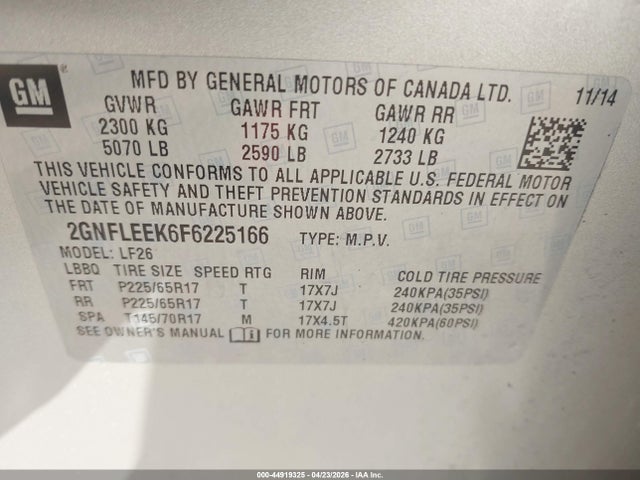2015 Chevrolet Equinox Ls მანქანა იყიდება აუქციონზე, vin: 2GNFLEEK6F6225166, აუქციონის ნომერი: 44919325