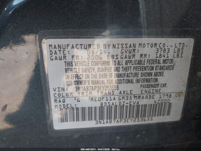 Продажа на аукционе авто 2014 Nissan Sentra Sv, vin: 3N1AB7AP3EY253655, номер лота: 44919331